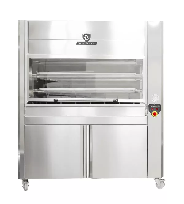 horno asador pollos B42 brasa lena carbon sobremesa con cajon y ruedas