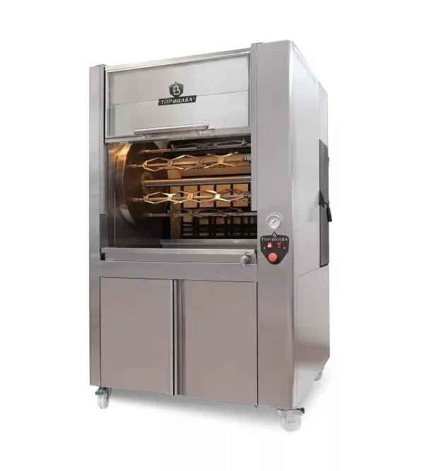 Máquina asador de pollos B24 a la brasa, leña y carbón, sobremesa inox